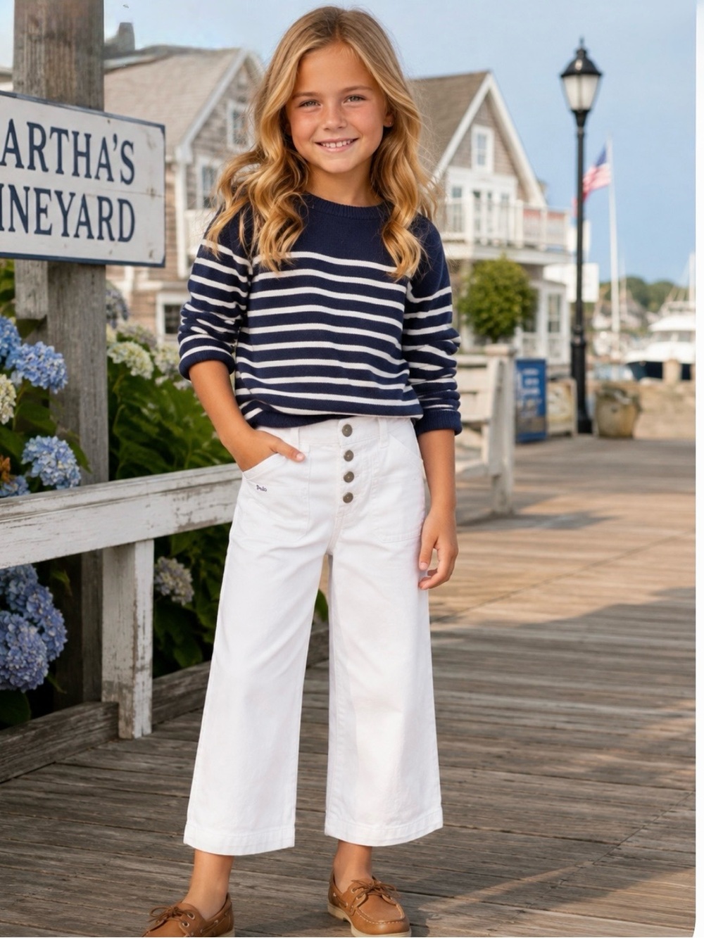 NWT Polo Ralph Lauren Girls Cropped Wide Leg‎ White Jeans Classic Preppy Summer